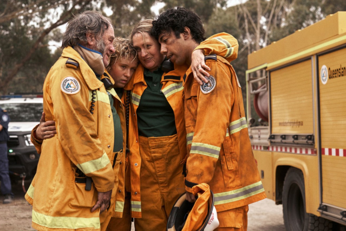 Actors Kym Lynch (Gerry), Eliza Scanlen (Tash), Helen Thomson (Yvonne) and Hunter Page-Lochard (Mott) in the ABC drama series ‘FIRES’.