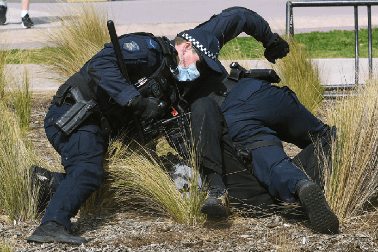 Police persuade a protester to come quietly amid wild scenes at St Kilda beach.