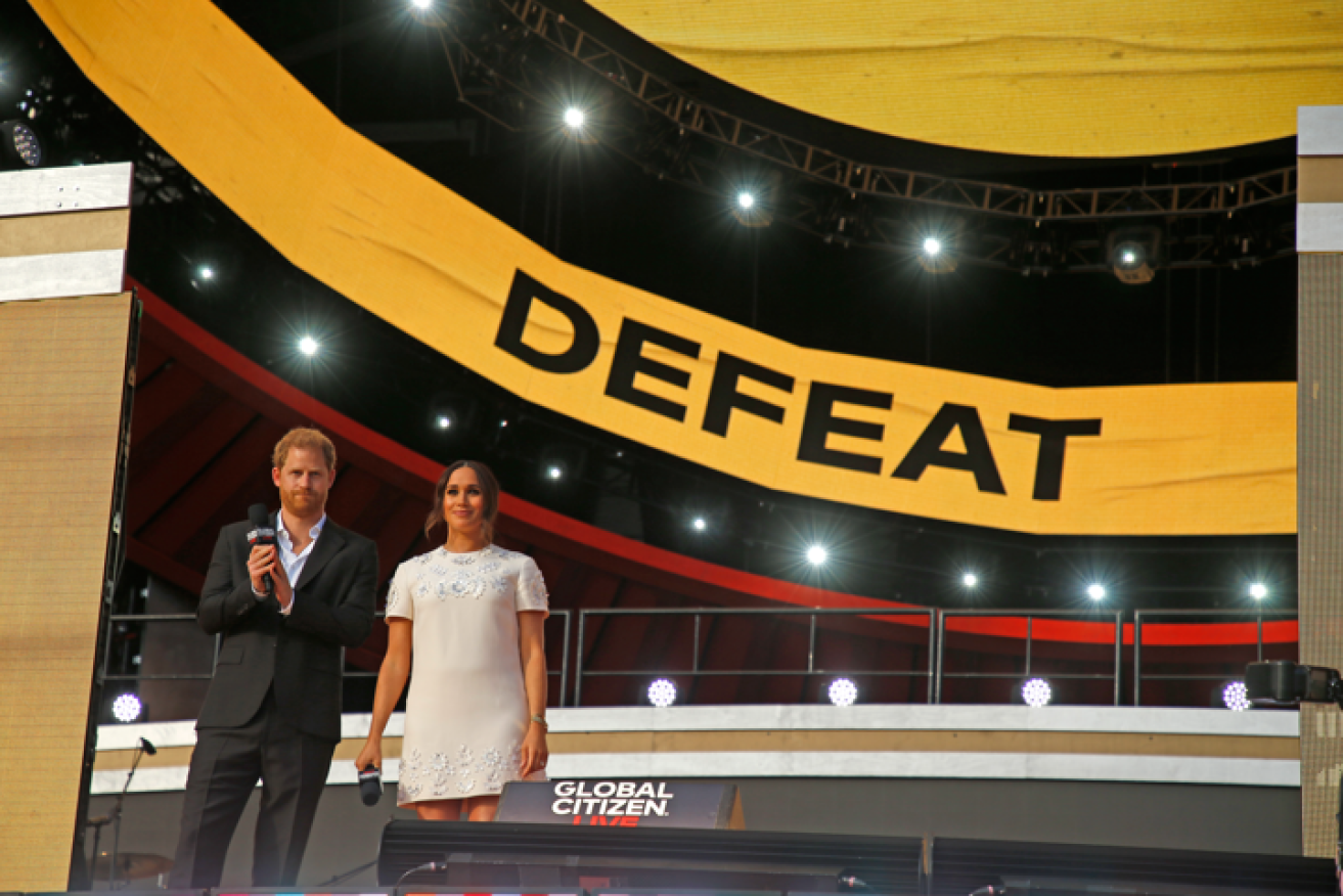 Meghan and Harry urge the crowd at the Global Citizen concert in New York to work for world peace and equity.