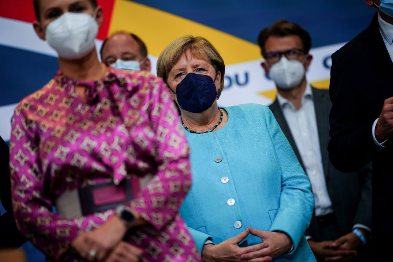 Outgoing German Chancellor Angela Merkel at the Christian Democratic Union (CDU) election event. Photo: Getty