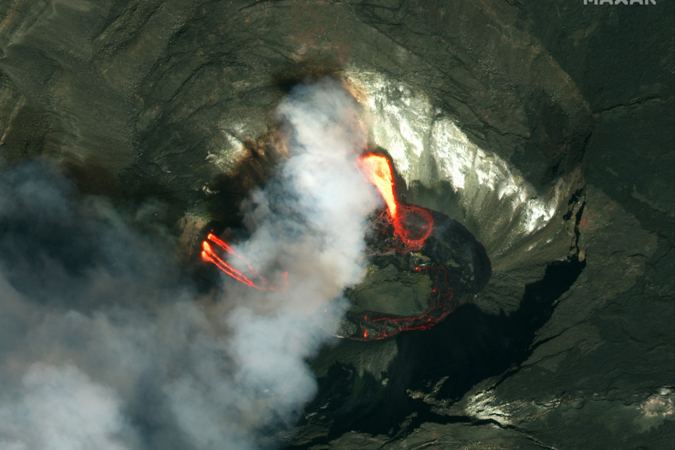 A satellite image of lava fountains in the crater of Kilauea.