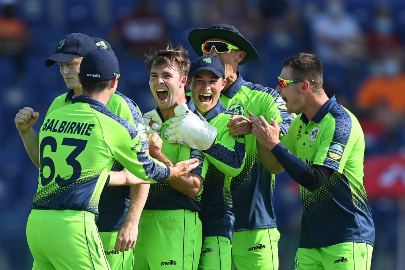 Curtis Campher celebrates the wicket of Scott Edwards for his hat-trick against Netherlands in Abu Dhabi on Monday.