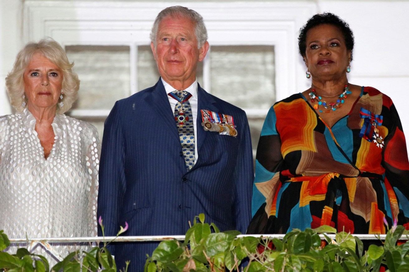 Dame Sandra Mason with Britain's Prince Charles and wife Camilla, on their visit to Barbados in 2019.