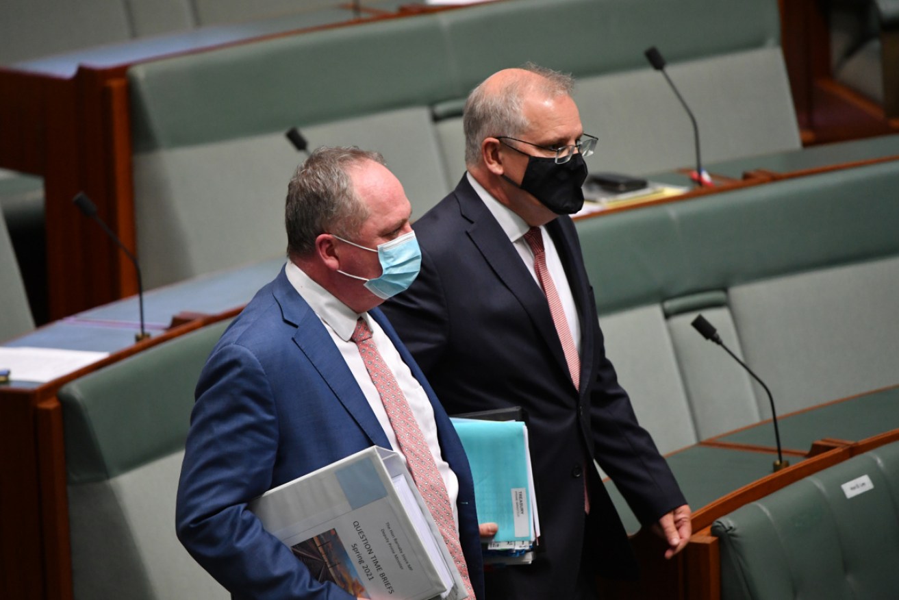 Deputy Prime Minister Barnaby Joyce and Prime Minister Scott Morrison arrive for question time on Monday. 