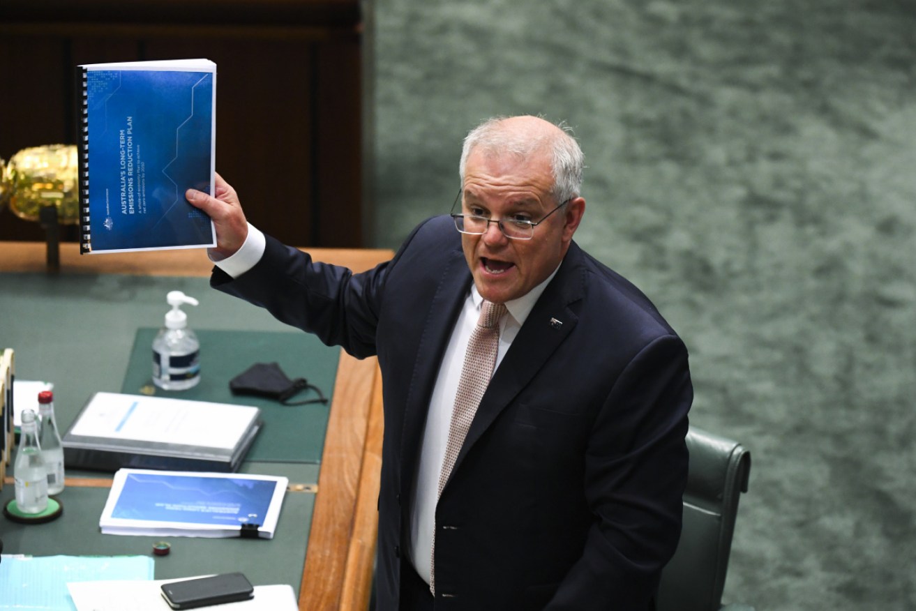 Australian Prime Minister Scott Morrison spruiks about the net-zero plan in Canberra on Tuesday.