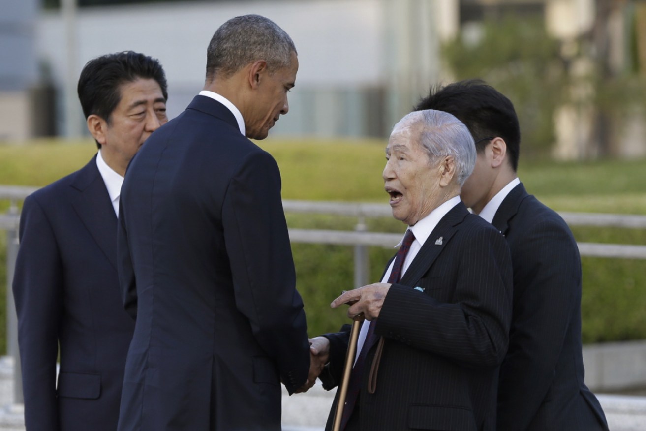 President Barack Obama meets atomic bomb survivor Sunao Tsuboi in 2016.