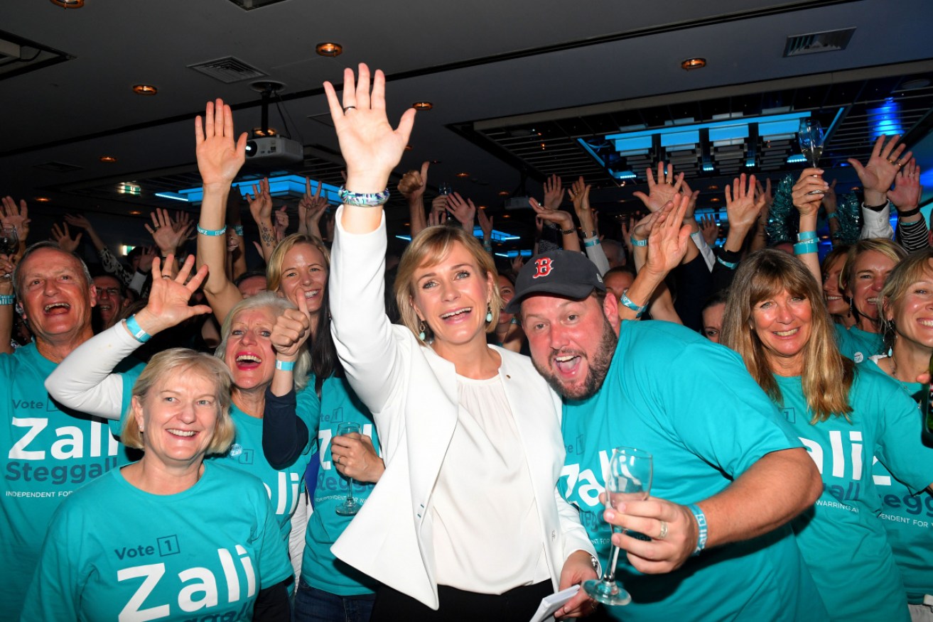 Zali Steggall celebrates with grass-roots supporters on the night she ousted Tony Abbott. <i>Photo: AAP</i>