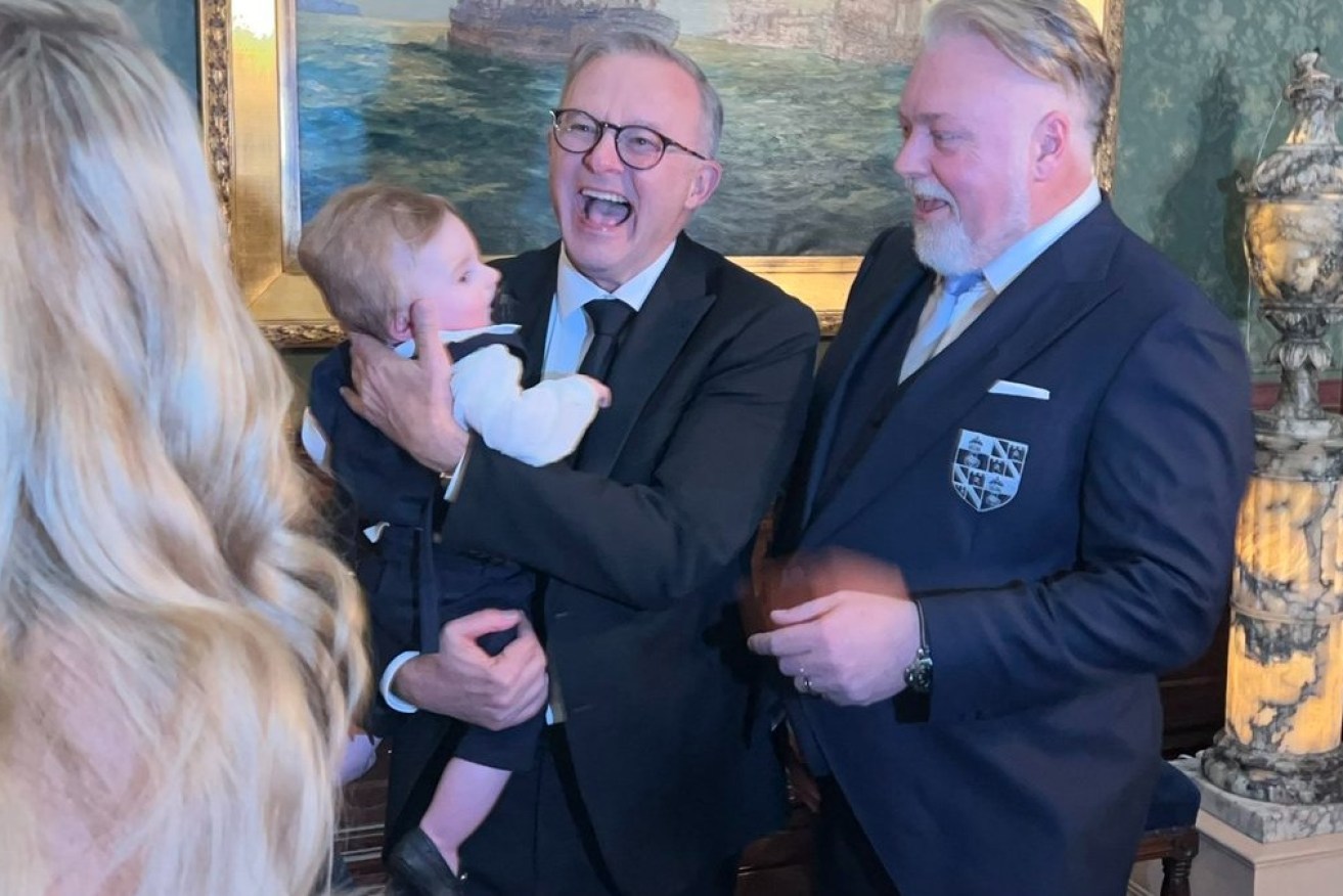 Prime Minister Anthony Albanese with Kyle Sandilands at the star-studded wedding in Sydney. 