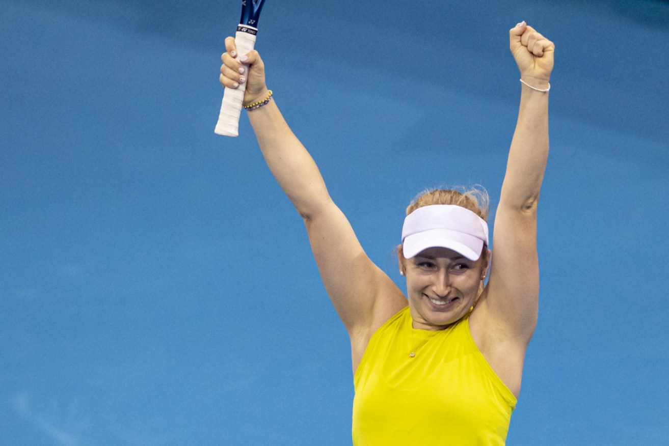 Daria Gavrilova shows her delight after beating Belgium's Greet Minnen in the Billie Jean King Cup. 