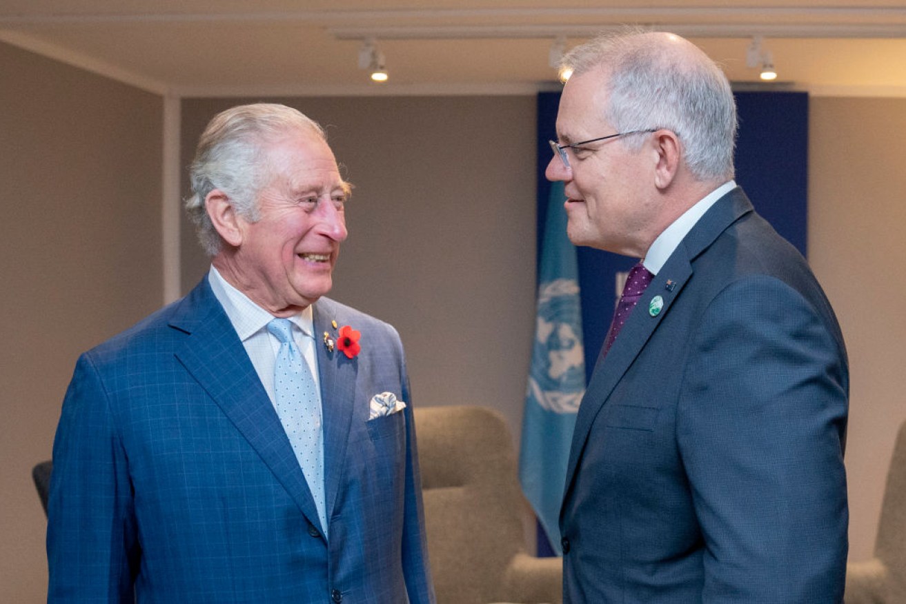 GLASGOW, SCOTLAND - NOVEMBER 02: Prince Charles, Prince of Wales greets the Prime Minister of Australia Scott Morrison (R) ahead of their bilateral meeting on day three of COP26 at SECC on November 2, 2021 in Glasgow, United Kingdom. COP26 is the 2021 climate summit in Glasgow.  It is the  26th "Conference of the Parties" and represents a gathering of all the countries signed on to the U.N. Framework Convention on Climate Change and the Paris Climate Agreement. The aim of this year's conference is to commit countries to net zero carbon emissions by 2050. (Photo by Jane Barlow - Pool / Getty Images)