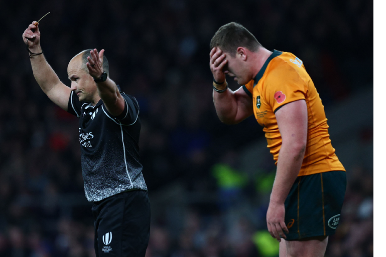 Prop Angus Bell hangs his head as his yellow card makes a bad night worse.