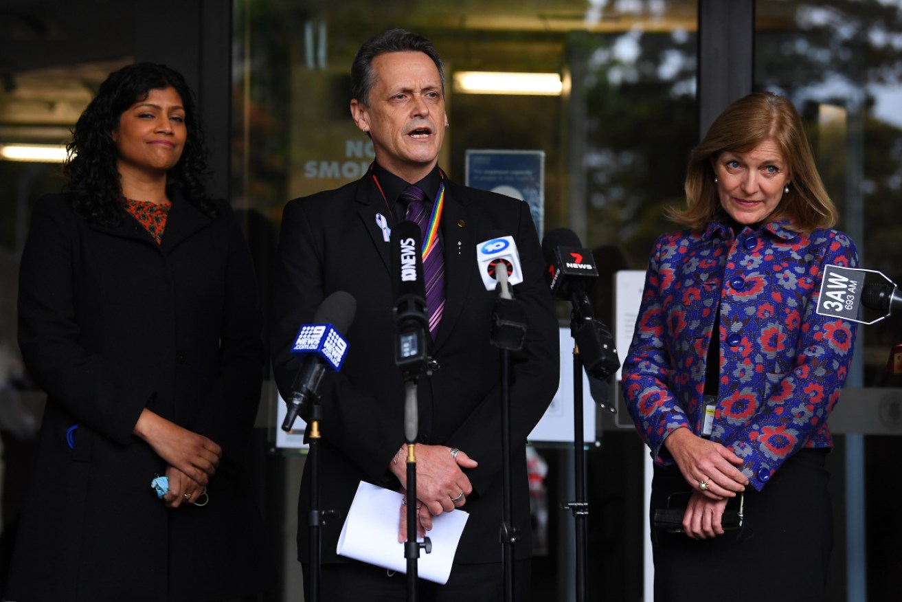 Andy Meddick with Victorian Greens leader Samantha Ratnam and Reason Party MP Fiona Patten.