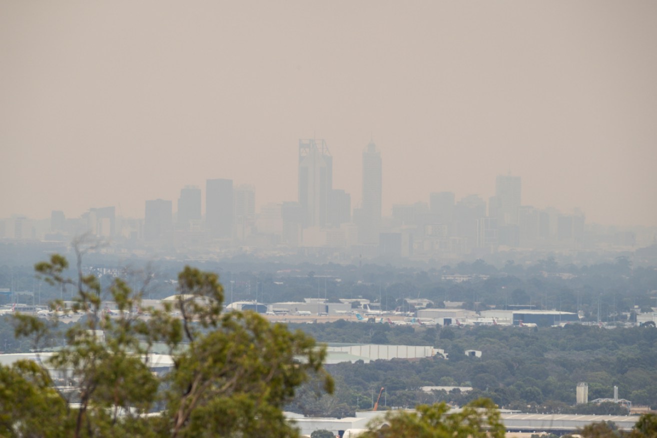 Smoke from a bushfire envelopes Perth in February 2021.