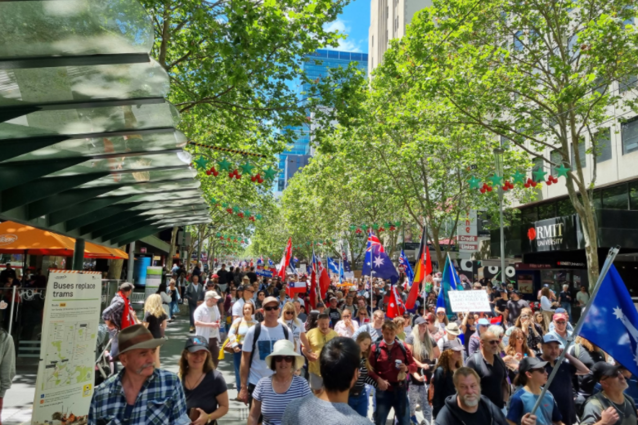 A sea of protesters moves through Melbourne's CBD in the biggest protest yet against the Pandemic Bill.