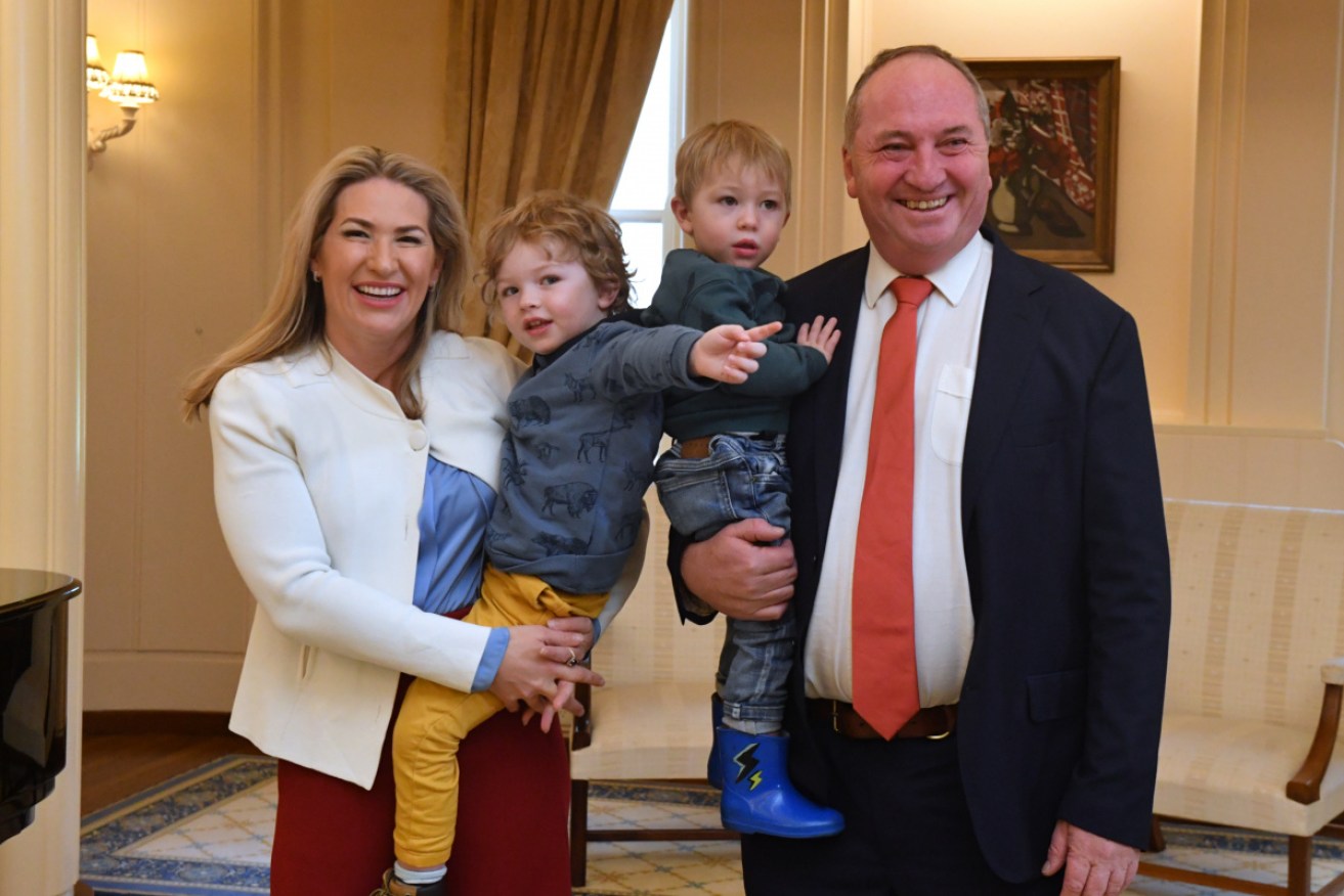 Barnaby Joyce and Vikki Campion, with their sons, at his swearing-in as Deputy Prime Minister in June last year.