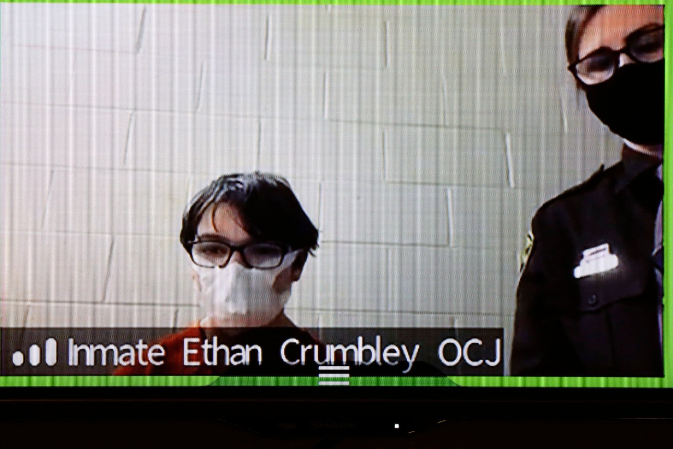 Ethan Crumbley faced court by video link from the adult prison, where he will continue to be held.