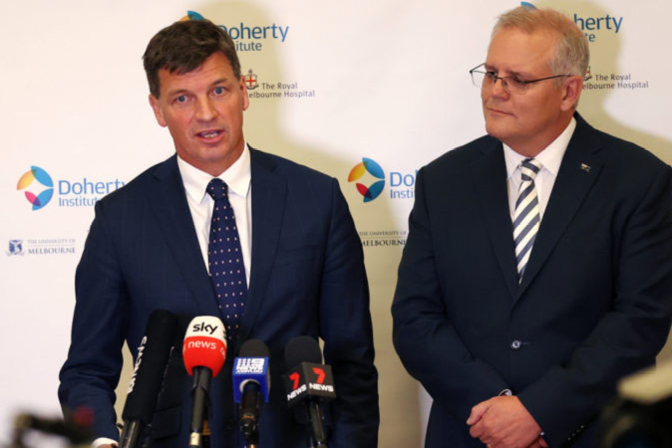 Industry Minister Angus Taylor and Prime Minister Scott Morrison announce Moderna's mRNA agreement on Tuesday.