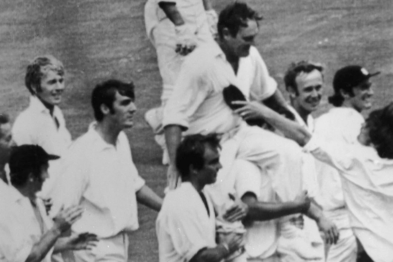 Ray Illingworth is raised shoulder high after clinching England's 1970-71 Ashes victory.
