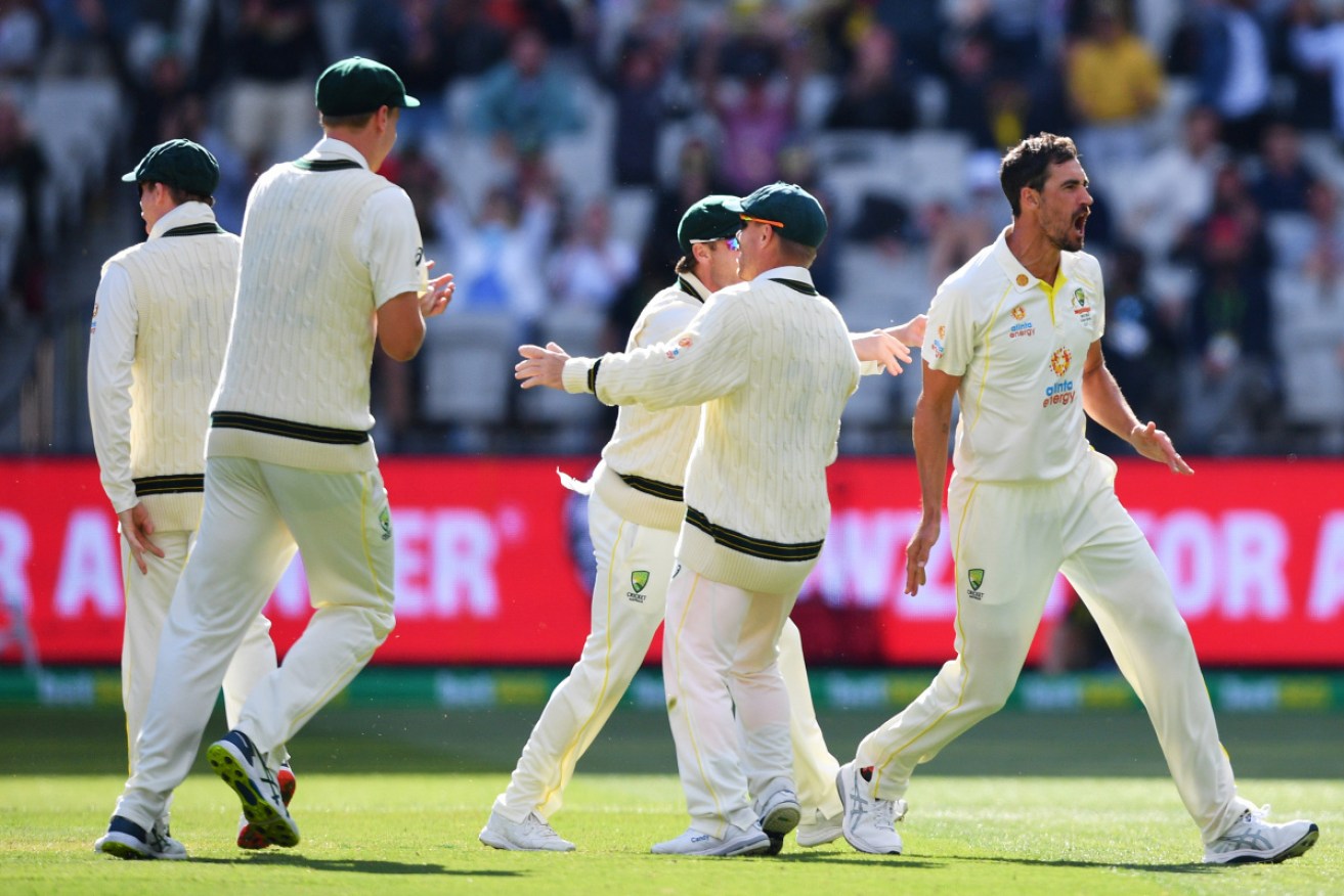 Mitchell Starc celebrates after dismissing Dawid Malan for a first-ball duck on Monday.