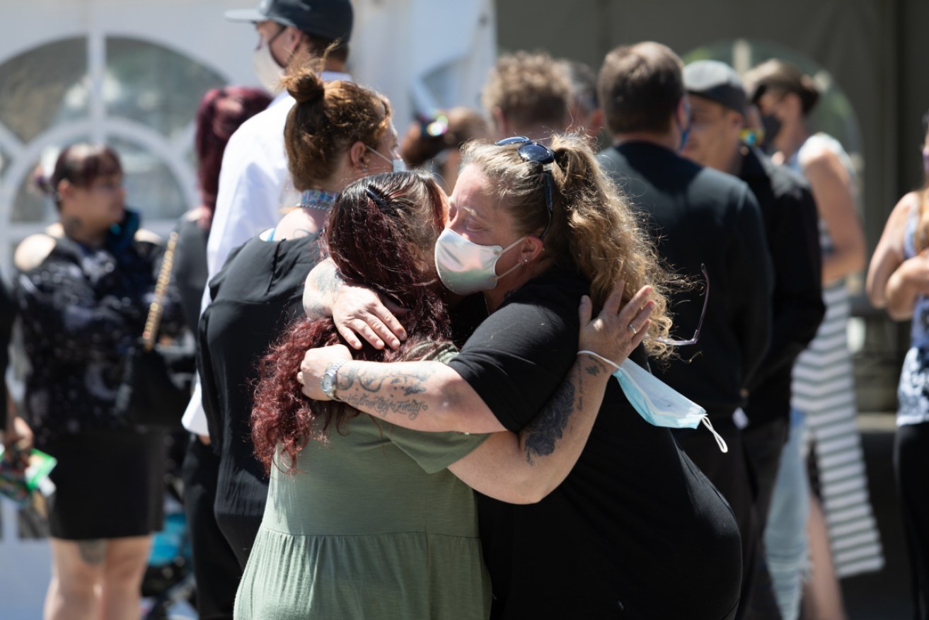Mourners gather for the funeral of jumping castle tragedy victim Peter Dodt in Devonport. 