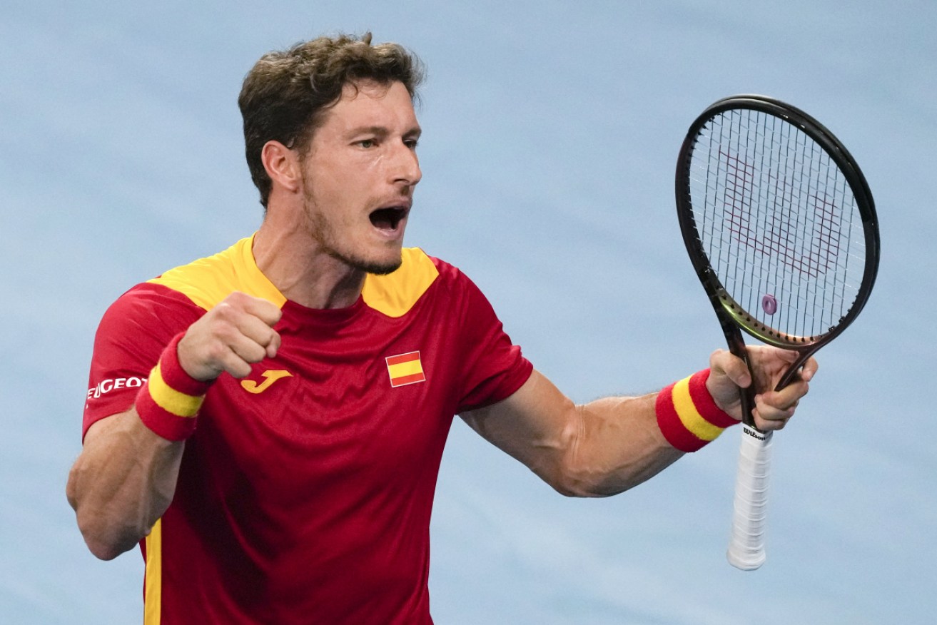 Pablo Carreno Busta celebrates after clinching Spain's place in the ATP Cup semi-finals. 