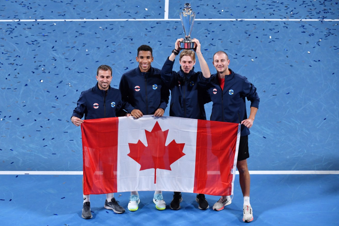 Team Canada celebrates its ATP Cup win over Team Spain on Sunday night.