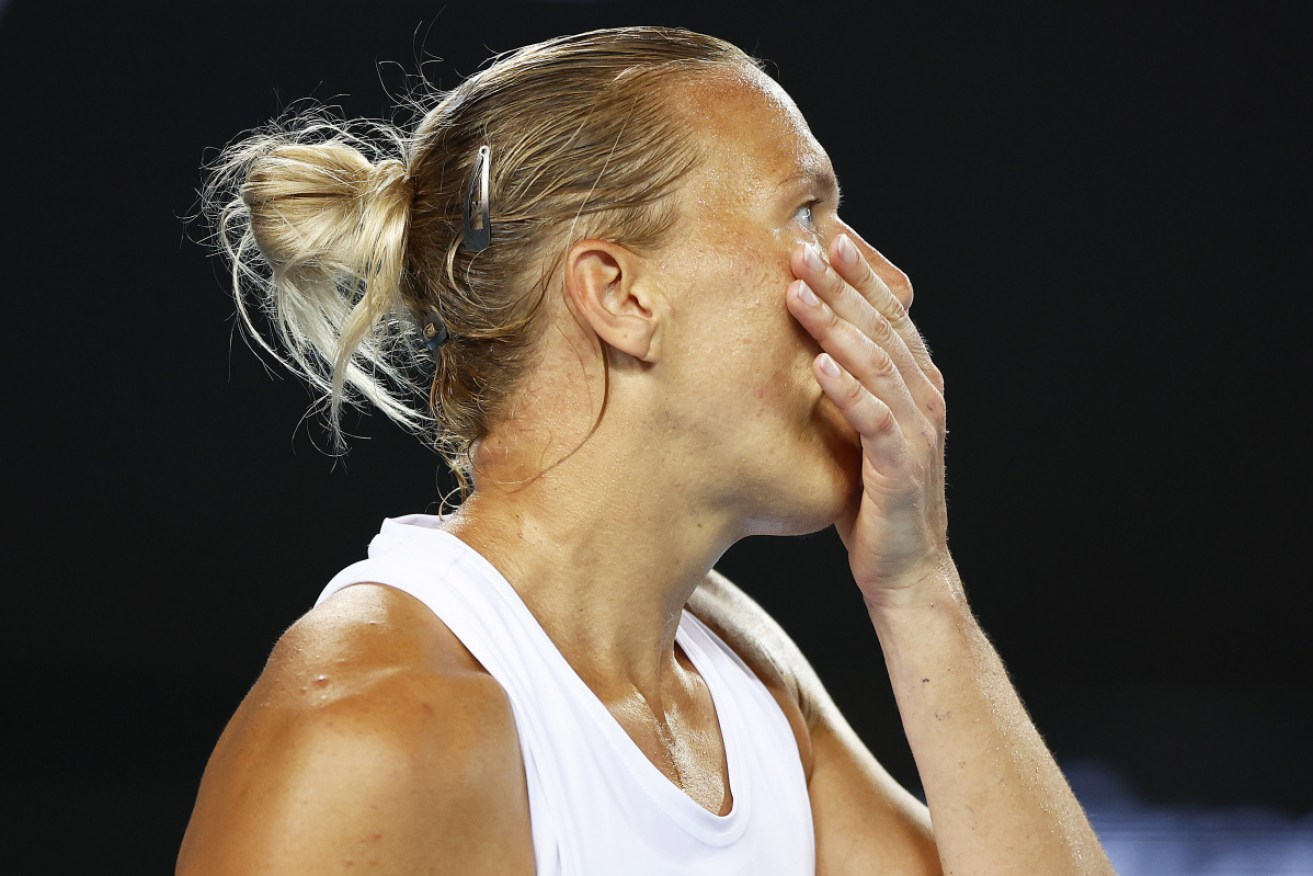 Estonia's Kaia Kanepi reacts after defeating No.2 seed Aryna Sabalenka in the Australian Open. 