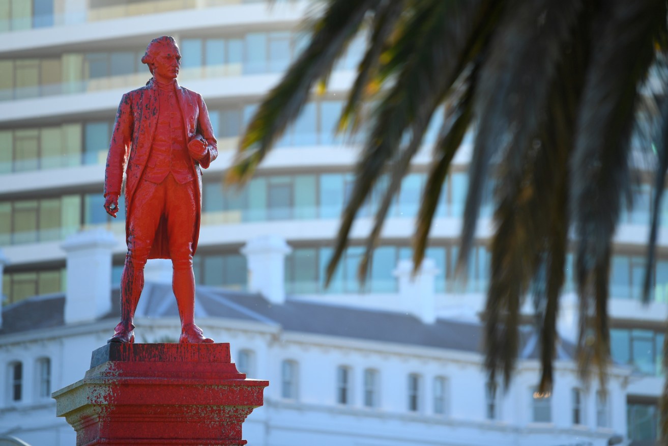 A statue of Captain Cook at Catani Gardens in St Kilda has been vandalised with red paint.