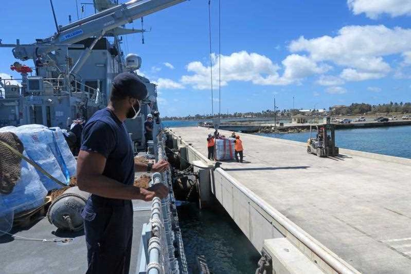 Royal Navy ship HMS Spey unloads disaster relief at Nuku'alofa.