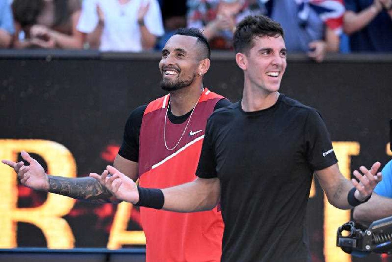 Nick Kyrgios and Thanasi Kokkinakis lap up the atmosphere at Rod Laver Arena.