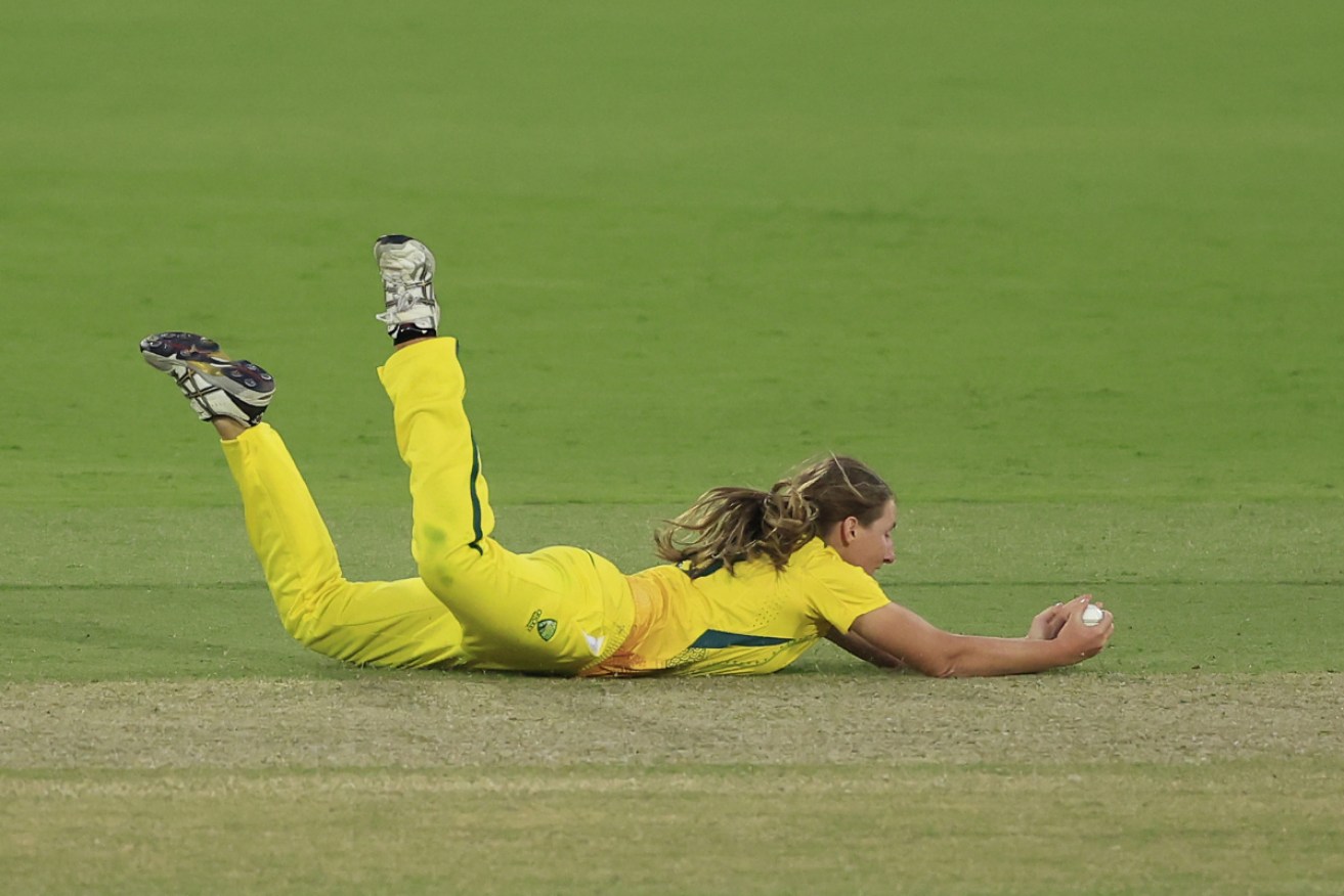 Darcie Brown takes a caught and bowled off Nat Sciver in Canberra on Thursday. 