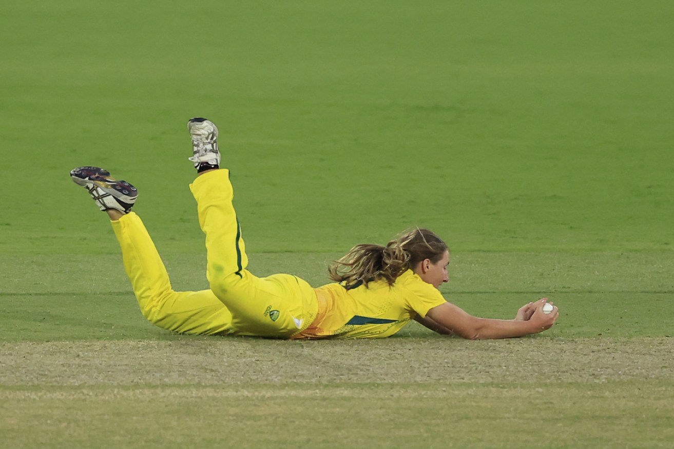 Darcie Brown takes a caught and bowled off Nat Sciver in Canberra on Thursday.