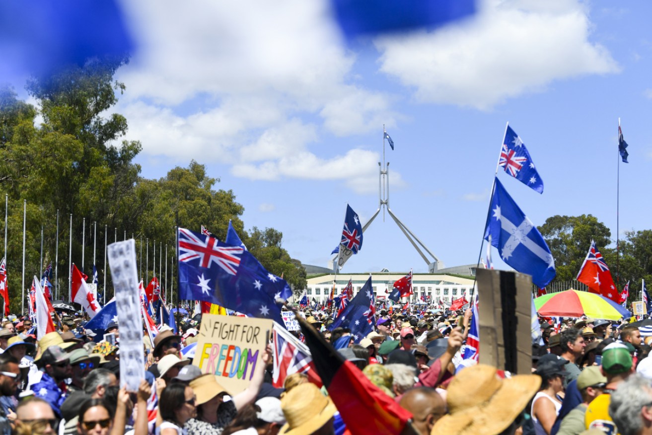 Unruly protesters converged on Canberra to rally against vaccine mandates.