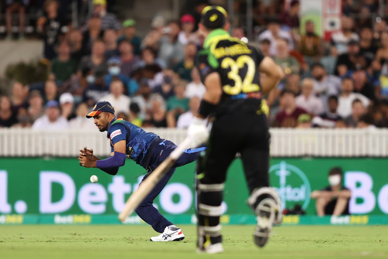 Dasun Shanaka drops Glenn Maxwell during game three of the T20 series at Manuka Oval on Tuesday.