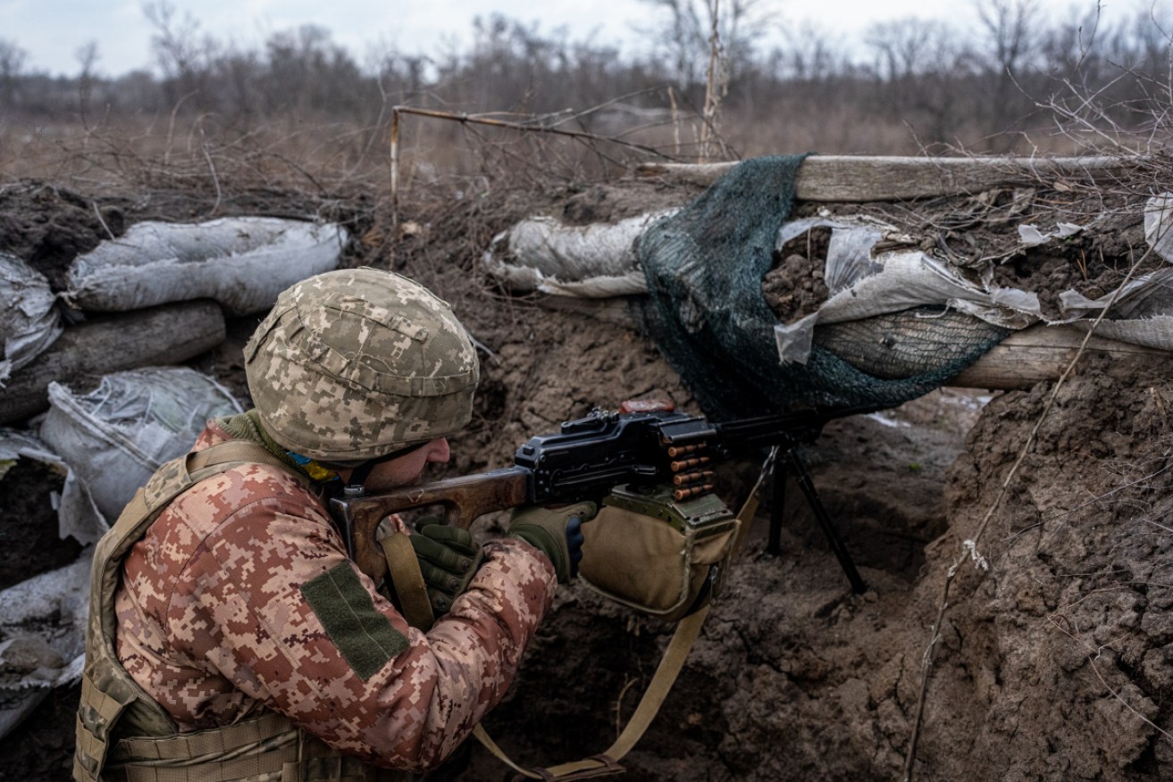 A Ukrainian paratrooper on the border with Russia in Luhansk.