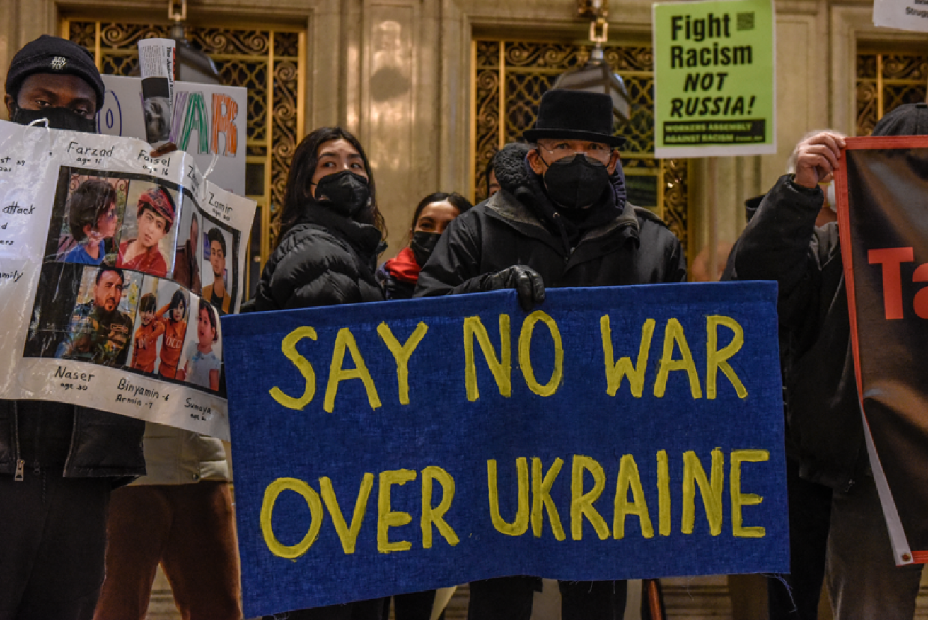 While Joe Biden is certain conflict is looming, these New York protesters accused the president of promoting a distraction from US domestic woes.