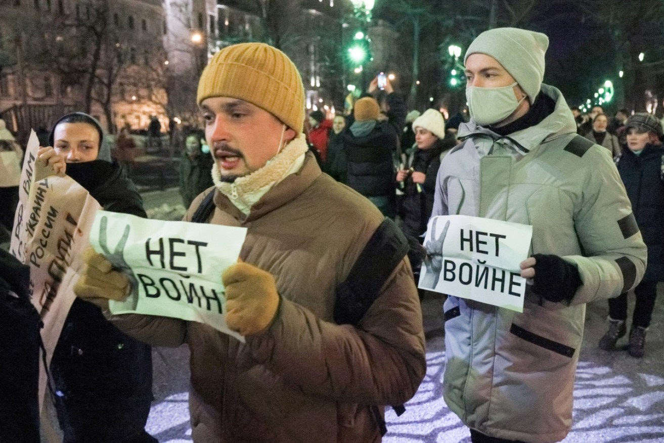 Thousands turned out in Moscow to protest the Russian attacks, leading to mass arrests.