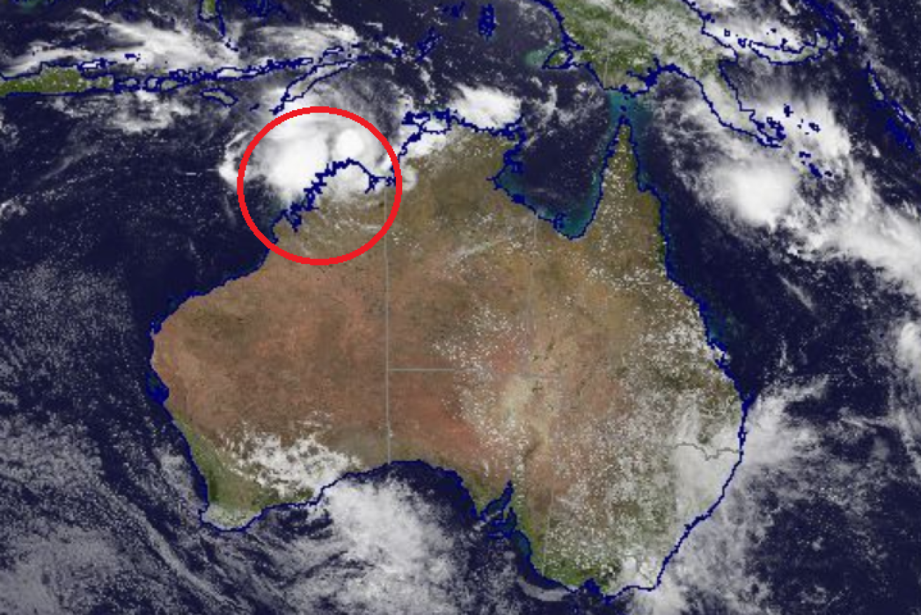 Cyclone Anika (circled) was bearing down on the Kimberley early on Saturday afternoon AEST.<i>Image: BoM</i>