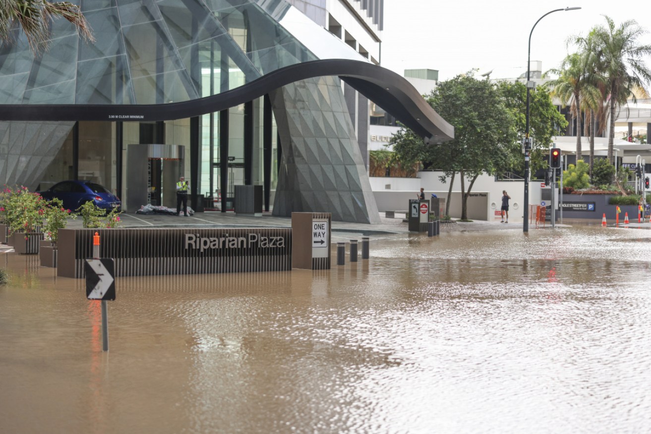 Flooding on Creek Street in the Brisbane CBD on Monday morning.