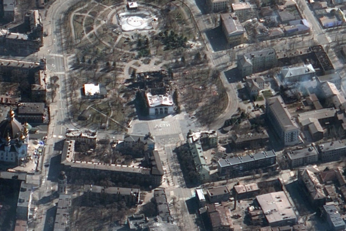 Seen from space, the shattered wreckage of Mariupol's Drama Theatre where Soviet bombs are believed to have claimed at least 300, most women and children. <i> Photo: Getty</i>