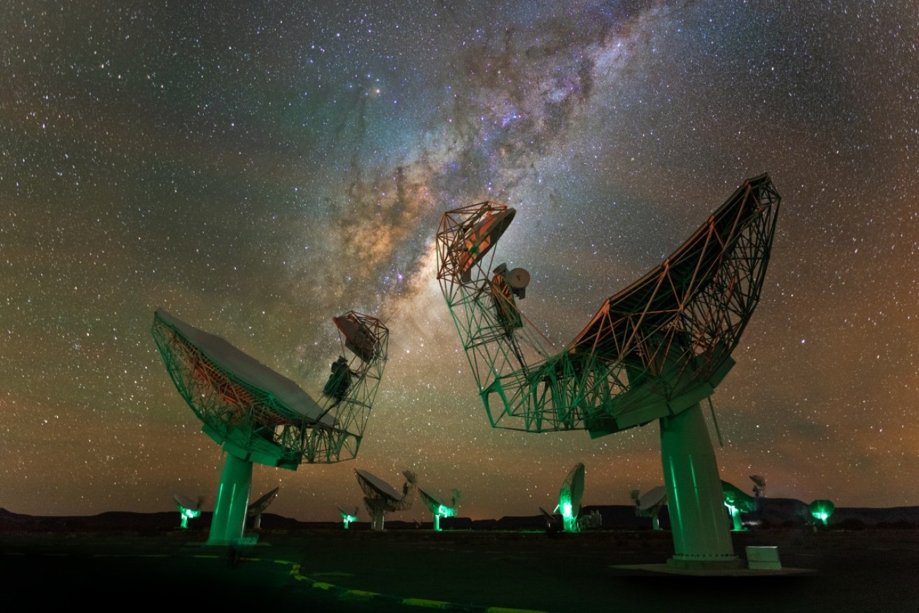 Twelve of the MeerKAT radio telescope’s 64 dishes are lit up beneath a star-filled sky in the Karoo, South Africa. MeerKAT is owned and operated by the South African Radio Astronomy Observatory.