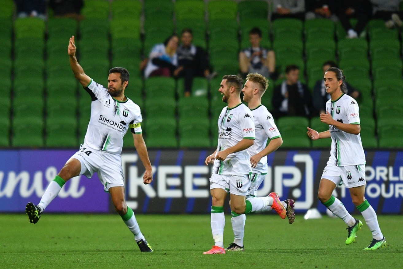 Nikolai Topor-Stanley celebrates after scoring for Western United in their 1-1 ALM draw with Melbourne Victory.