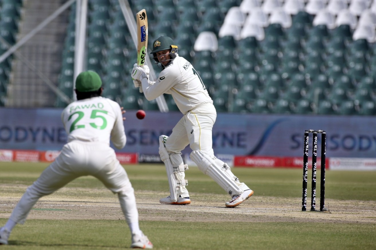 Usman Khawaja made an unbeaten 104 before Australia declared in the third Test in Pakistan on Thursday.