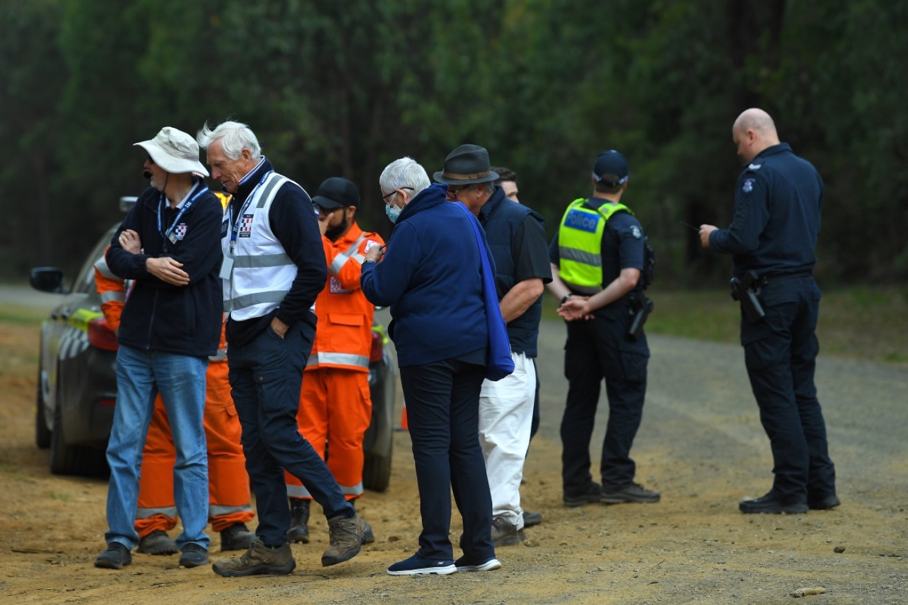 Victoria Police and SES crew near the staging post at Blairs Hut on Thursday afternoon.