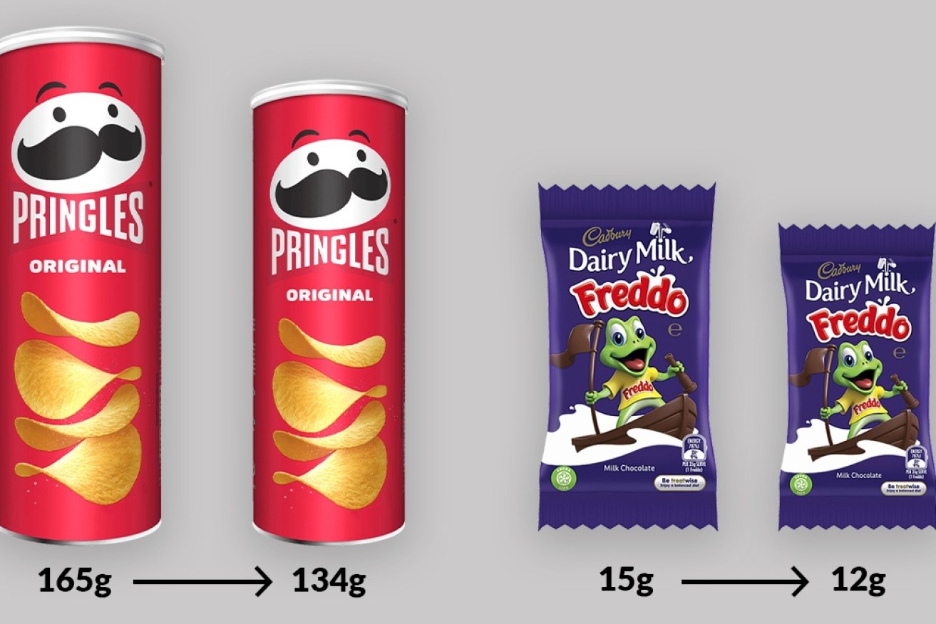 The price of items such as a packet of Pringles or a Freddo frog remain the same, but sizes have shrunk.