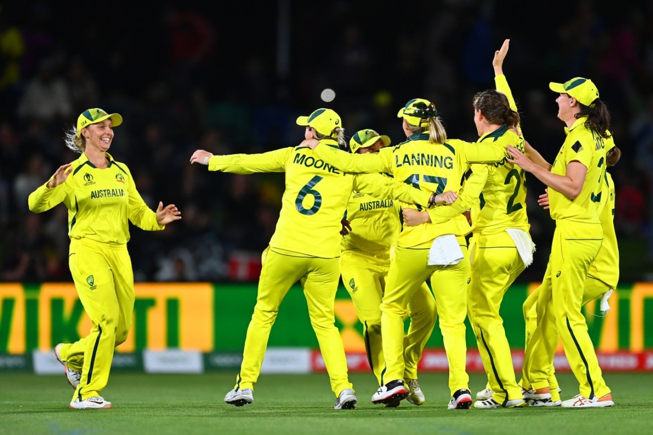 The Australian side celebrates winning the ICC Women's Cricket World Cup final at Hagley Oval in Christchurch on Sunday night.