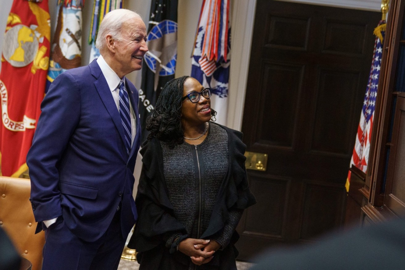 President Joe Biden and Judge Ketanji Brown Jackson watch the US Senate vote on her nomination.