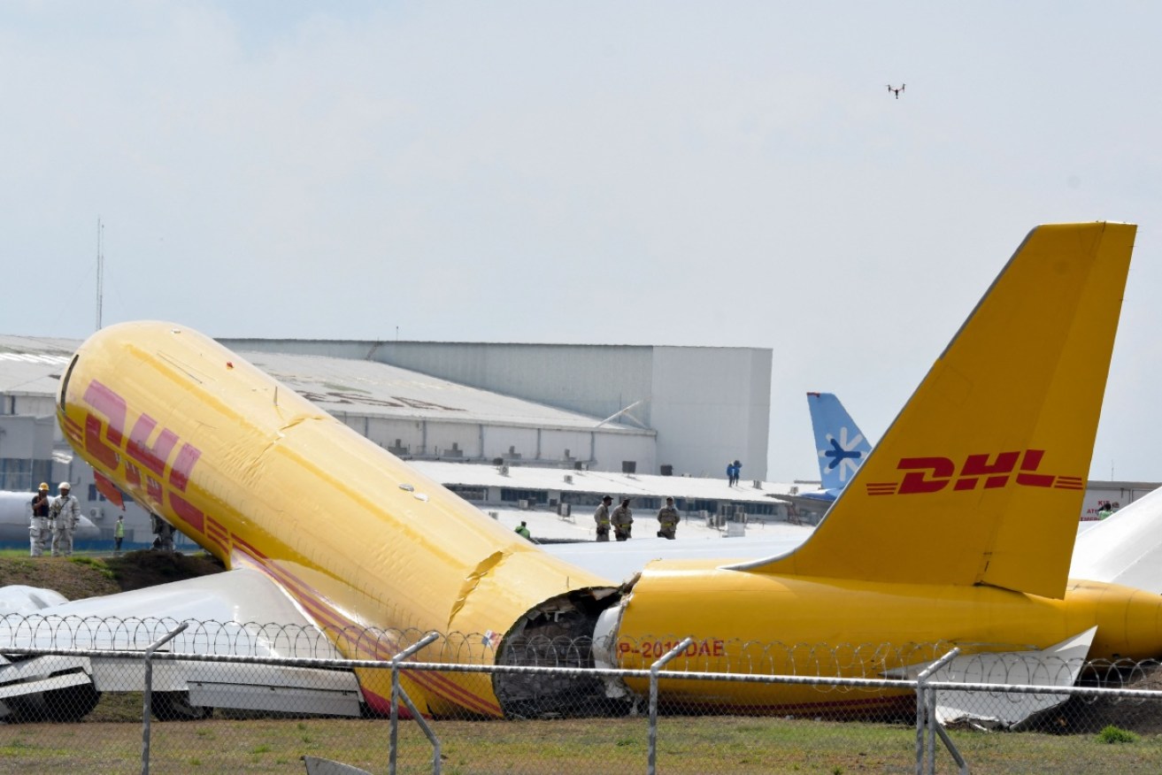 The stricken plane after its emergency landing at emergency landing at the Juan Santa Maria international airport.