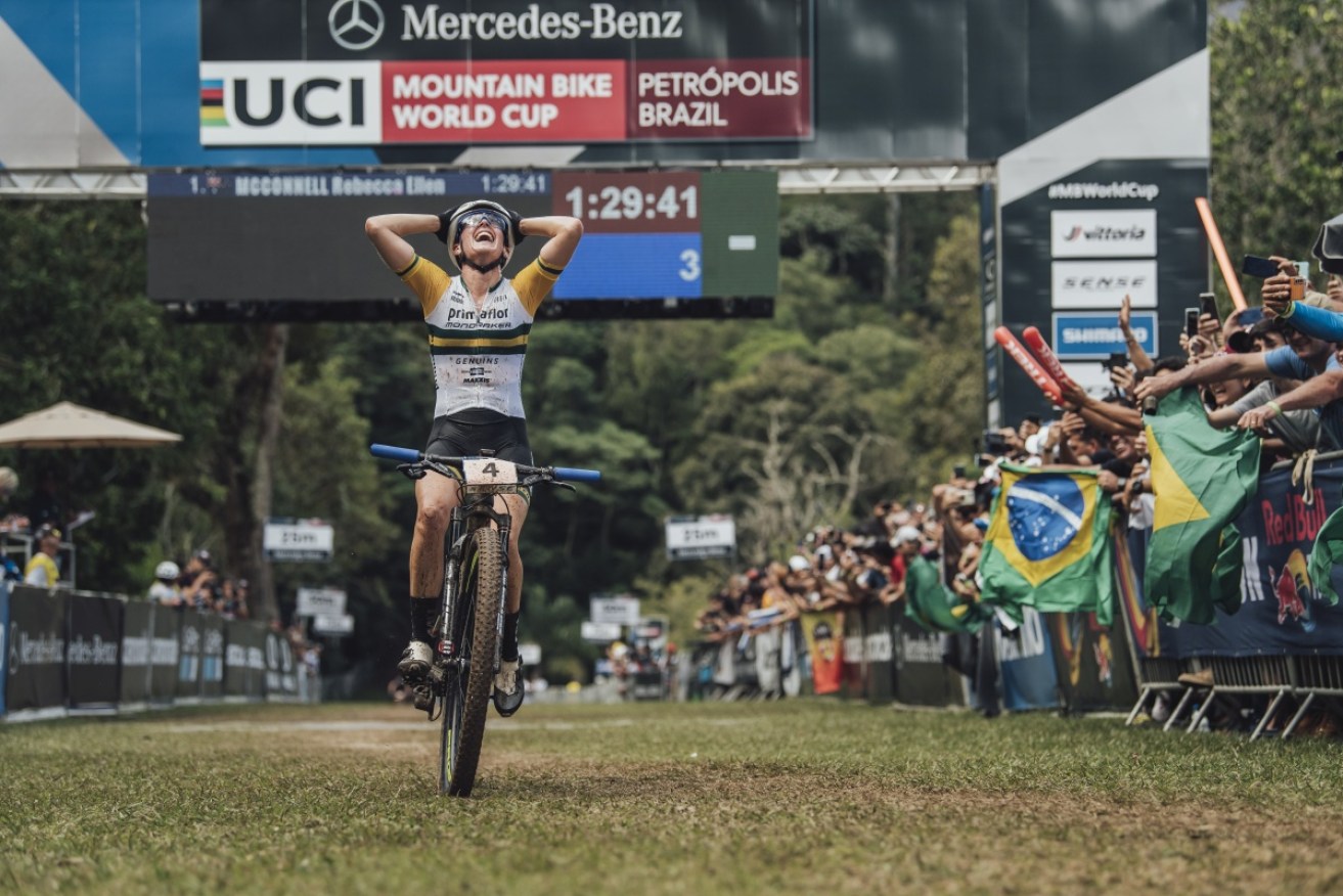 Rebecca McConnell has won the opening round of the mountain bike World Cup in Brazil.
