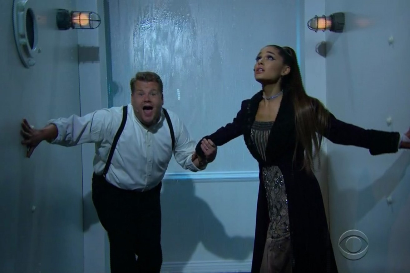 Corden with Ariana Grande on <i>The Late, Late Show</i>.